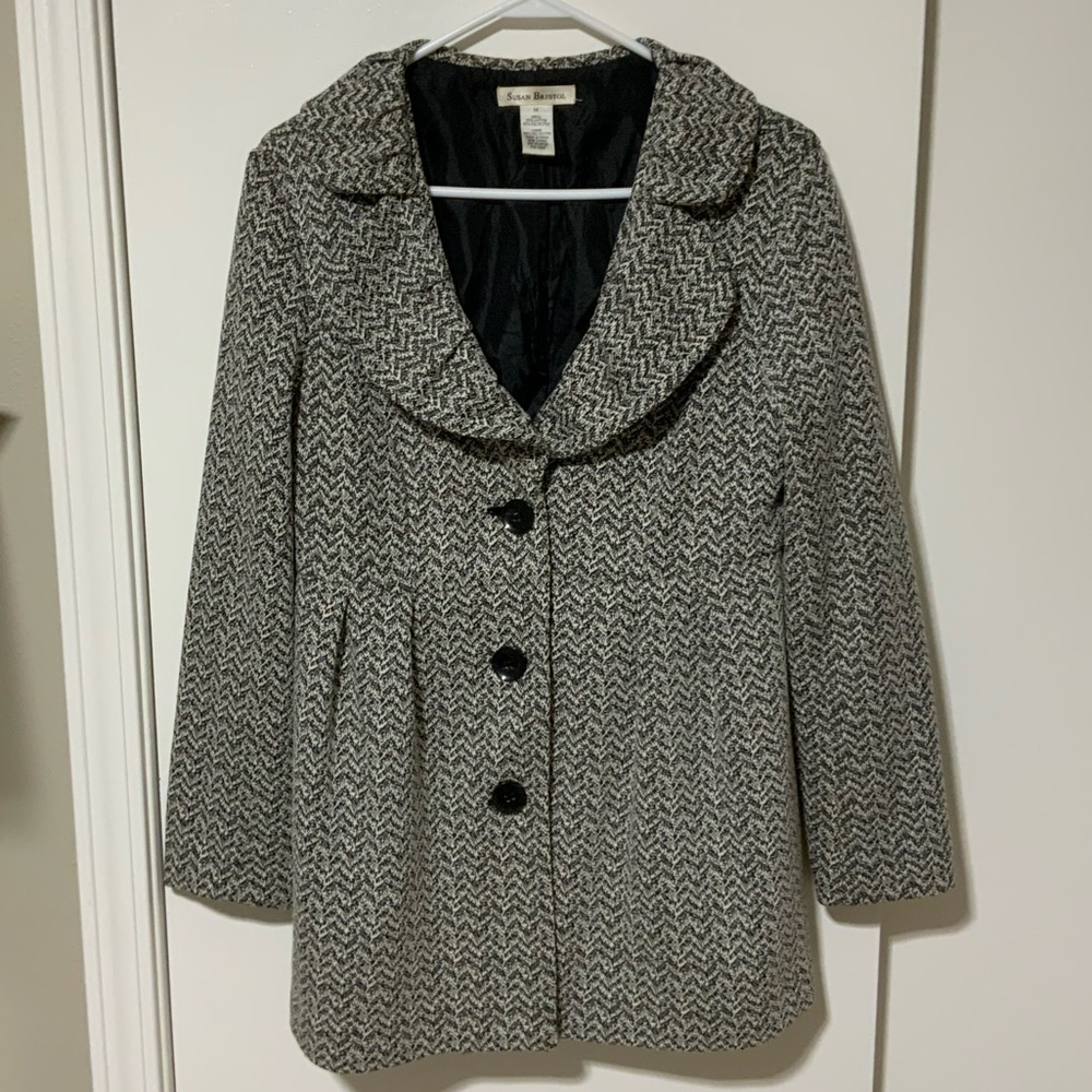 Susan Bristol herringbone Button Front Belted Lined Coat Size M